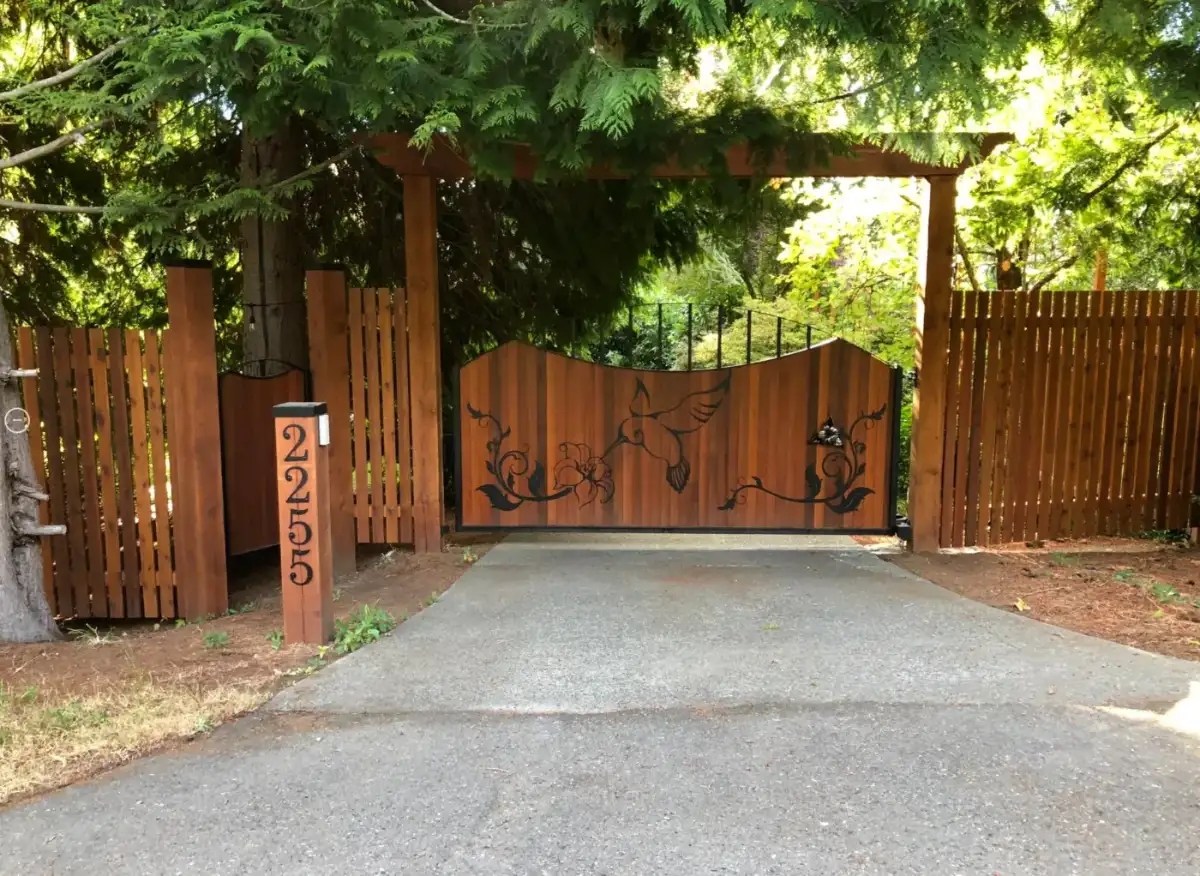 Cedar driveway gate with address post