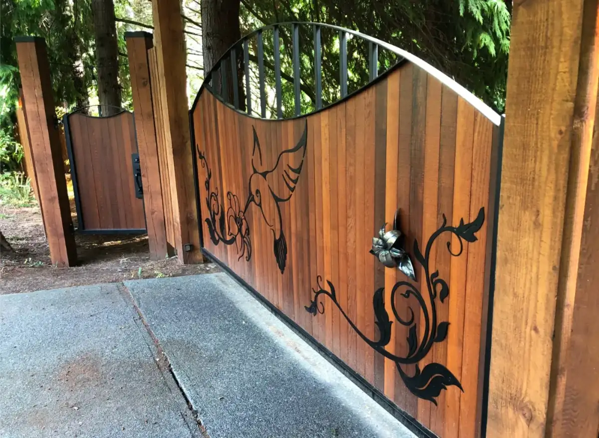 Cedar gate with steel vines