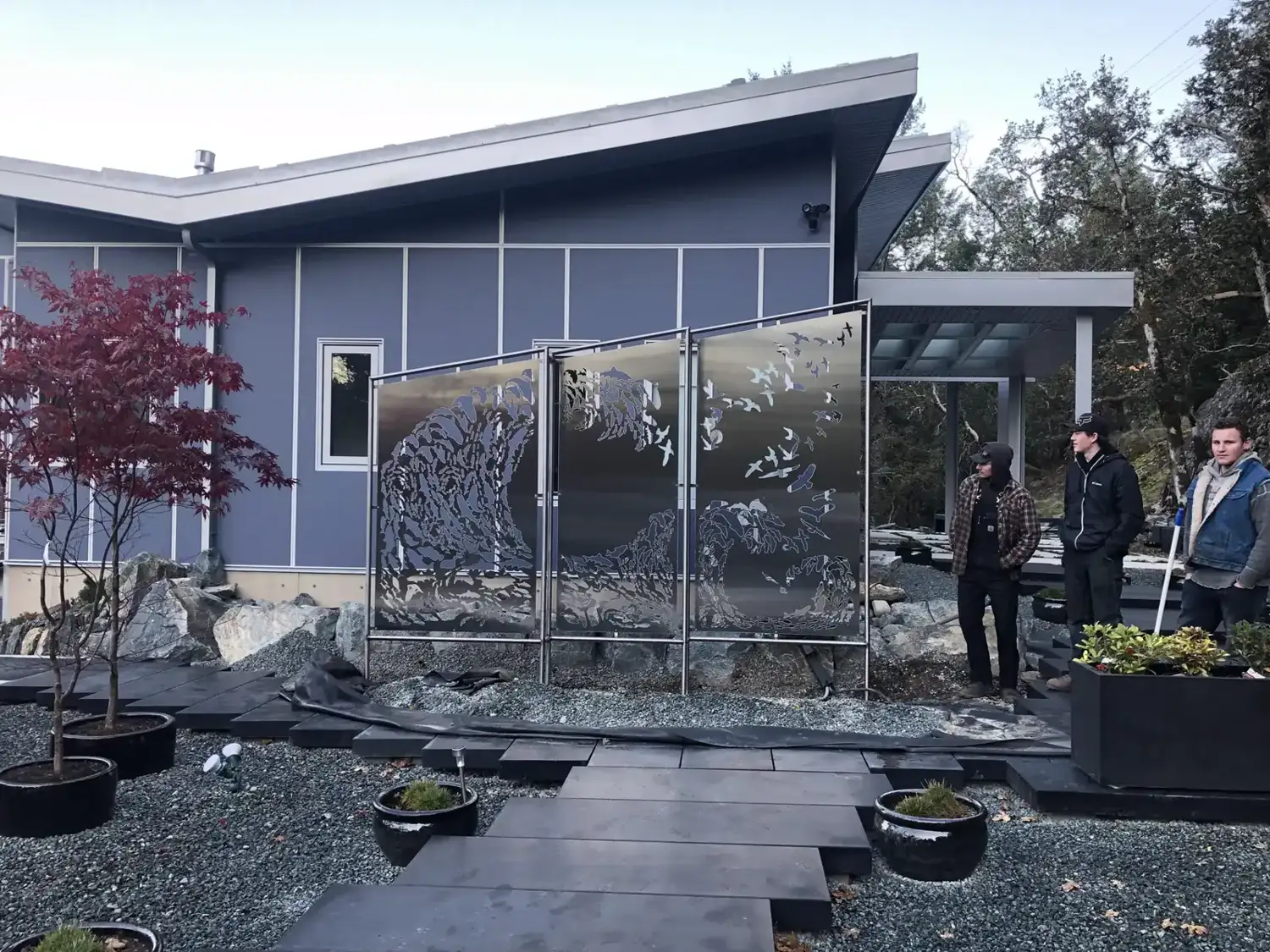 Large wave screens installed in a courtyard